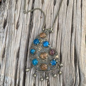 Vintage 1970 India style gem and bell necklace